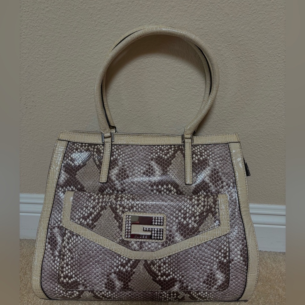 Vintage Guess Cream and Purple Shoulder Bag with Snakeskin Print